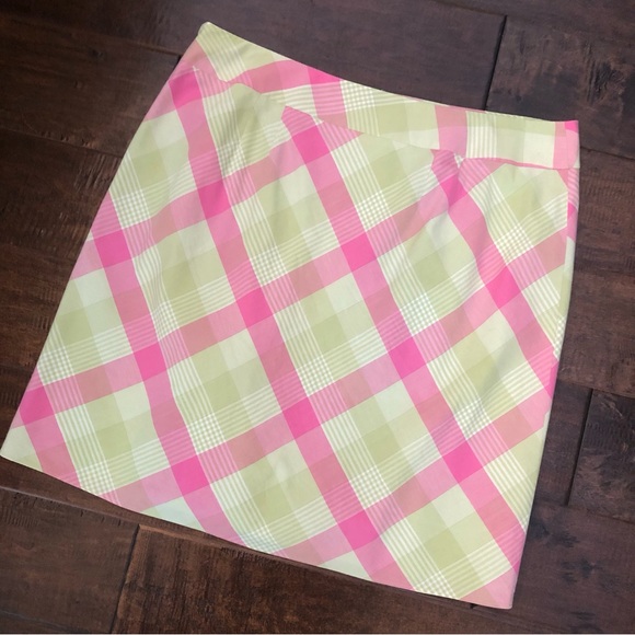 ANN TAYLOR LOFT Pink & Lime Green Plaid Skirt with Lime Green Buttons - Size 12 - Picture 6 of 9